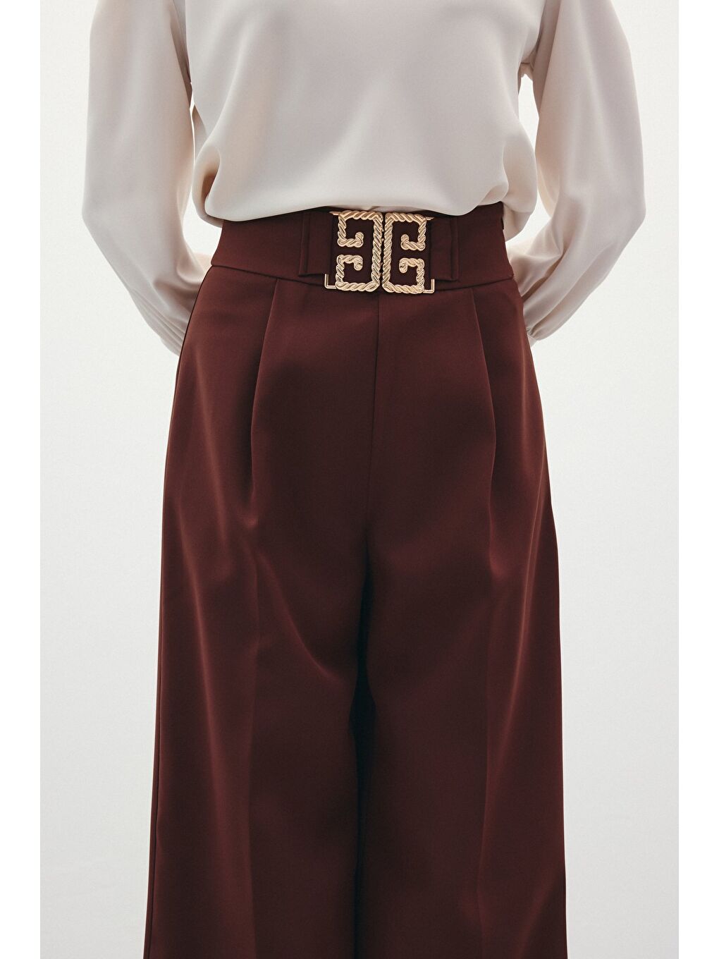 Kahverengi Bel Aksesuarlı Bol Paça Pantolon - Kahve-3
