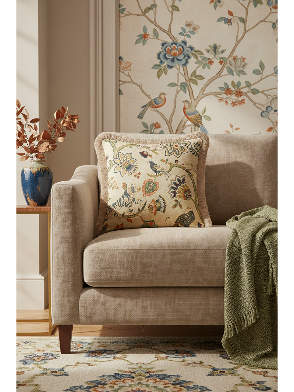 Karışık Lüks Doğal Motifli Saçaklı Yastık Kılıfı - Kuş ve Kaplan Etnik Country Bej Püsküllü Kırlent Kılıfı-2