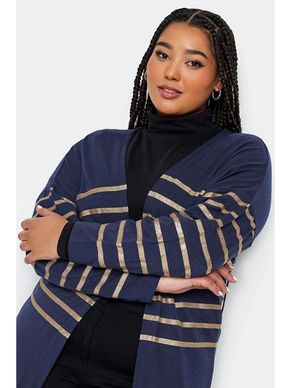 Lacivert Büyük Beden Düğmesiz Uzun Kollu Metalik Çizgili Hırka 302792-1