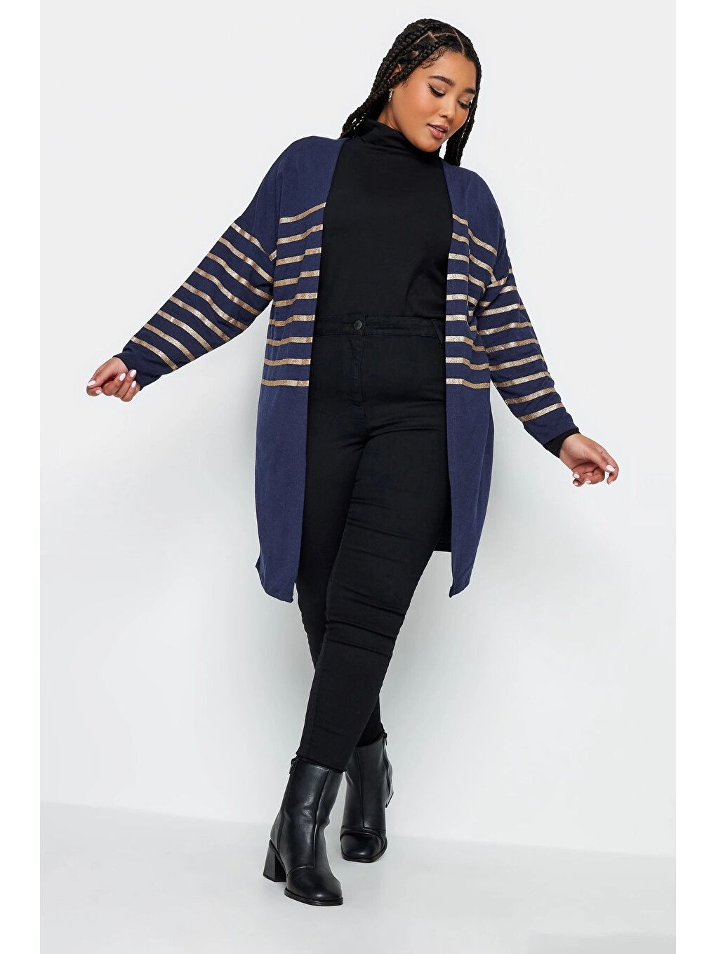 Lacivert Büyük Beden Düğmesiz Uzun Kollu Metalik Çizgili Hırka 302792-3