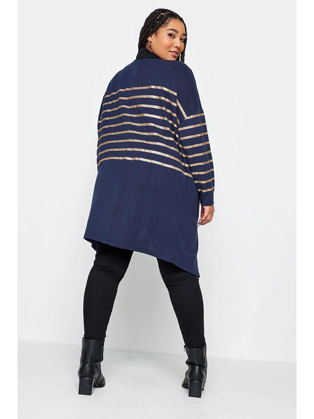 Lacivert Büyük Beden Düğmesiz Uzun Kollu Metalik Çizgili Hırka 302792-4