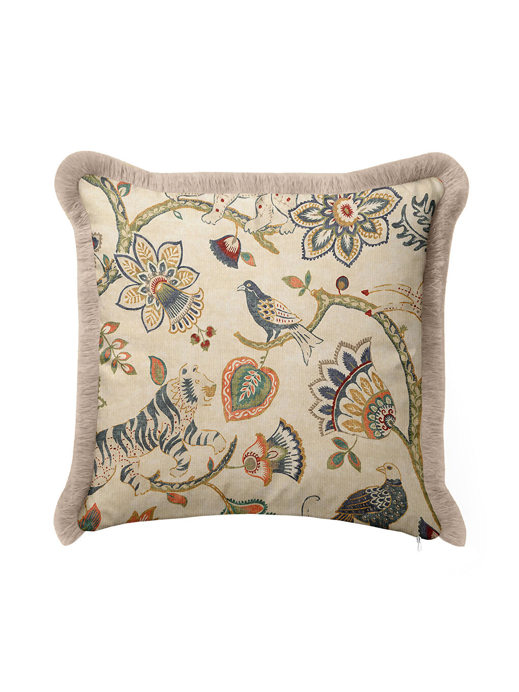Karışık Lüks Doğal Motifli Saçaklı Yastık Kılıfı - Kuş ve Kaplan Etnik Country Bej Püsküllü Kırlent Kılıfı-3