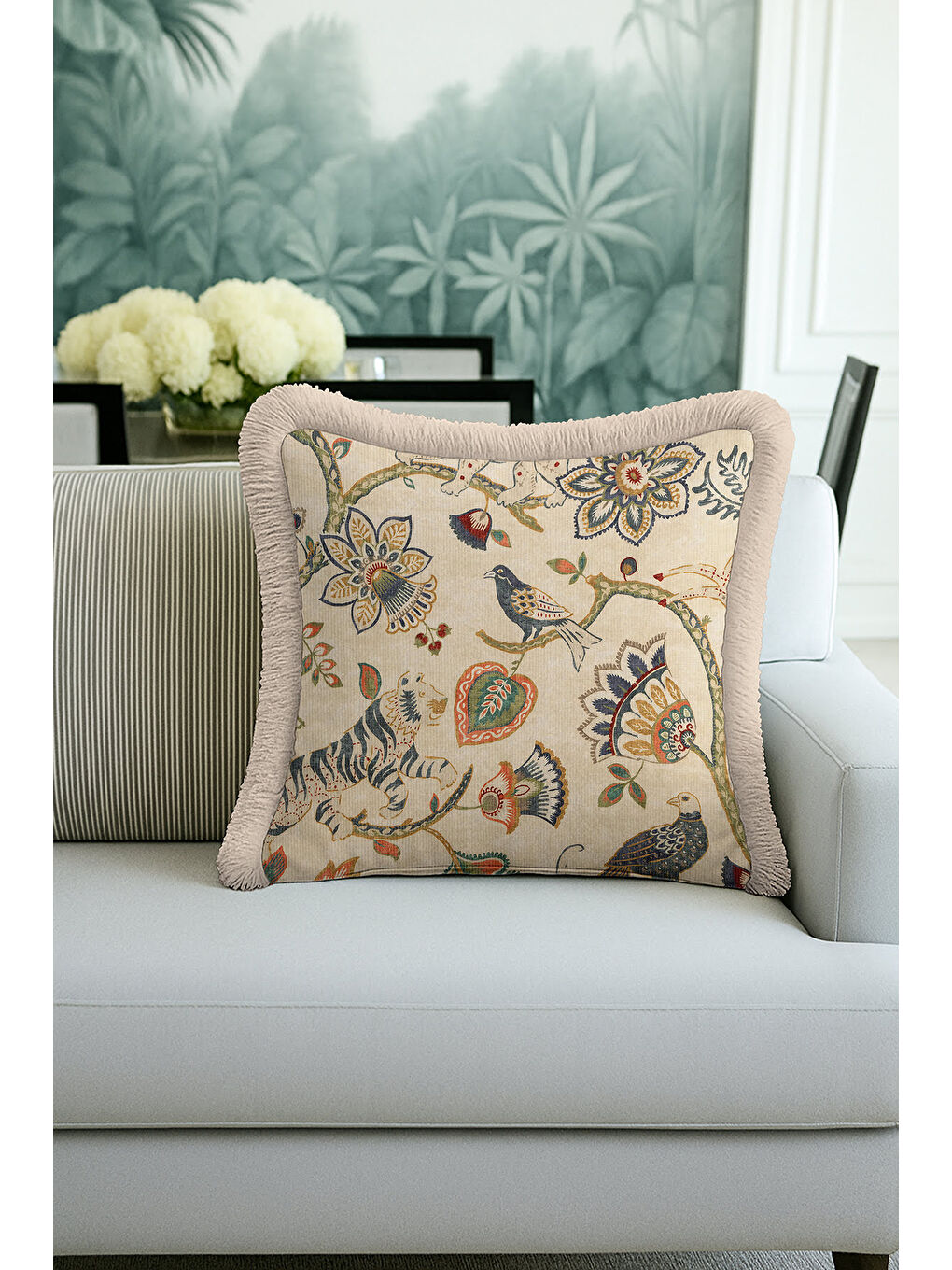 Karışık Lüks Doğal Motifli Saçaklı Yastık Kılıfı - Kuş ve Kaplan Etnik Country Bej Püsküllü Kırlent Kılıfı-4