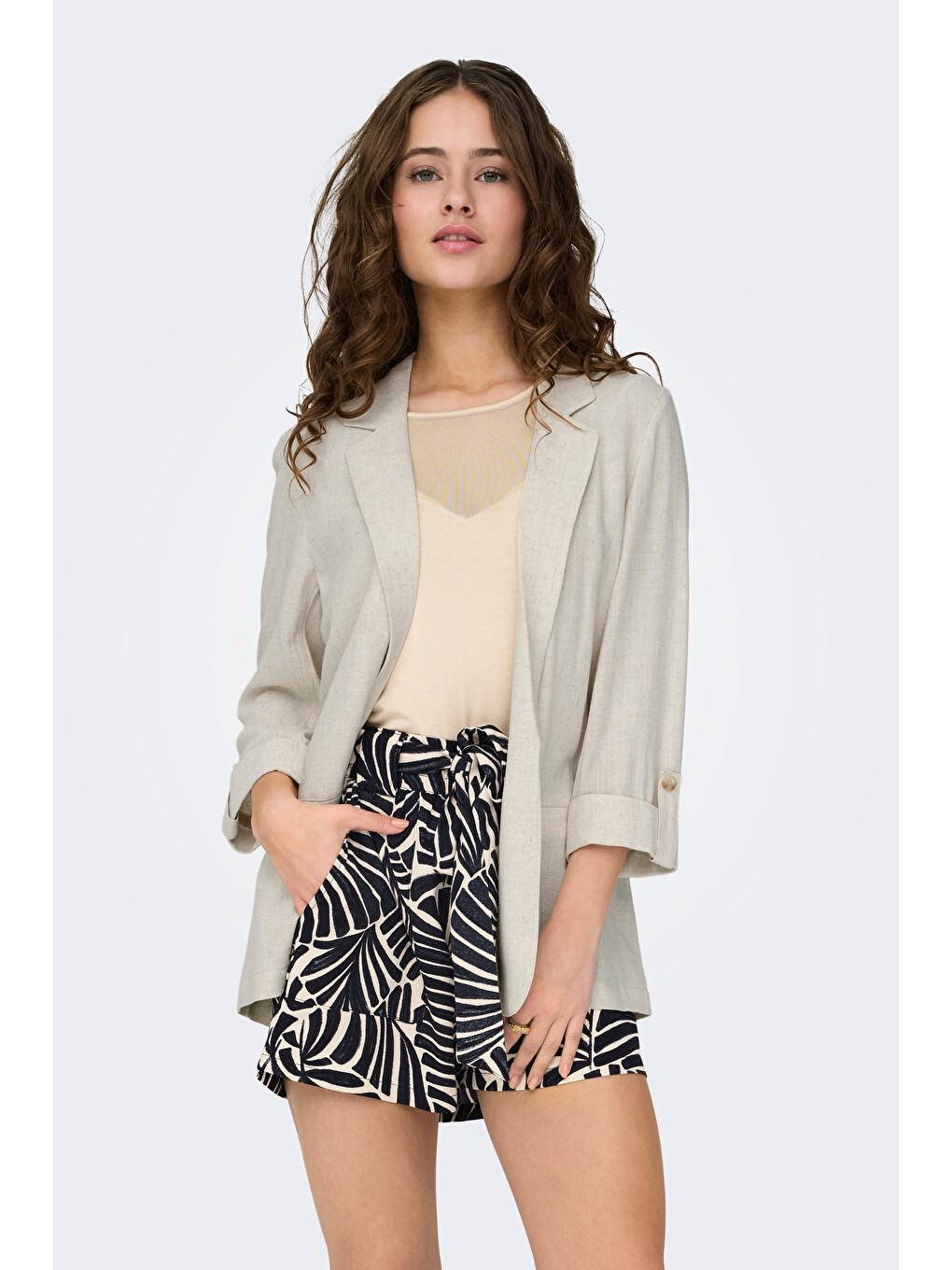 Bej Onlsiesta Keten Karışımlı Loose Fit Blazer Kadın Ceket 15322274-2