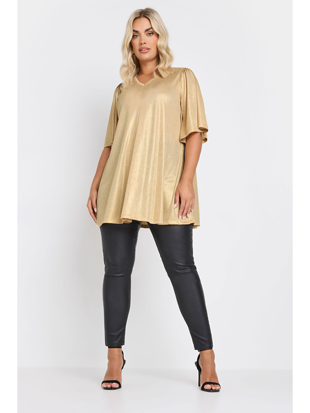 Sarı Büyük Beden V Yaka Kısa Kollu Parlak Görünümlü Bluz 303718-1