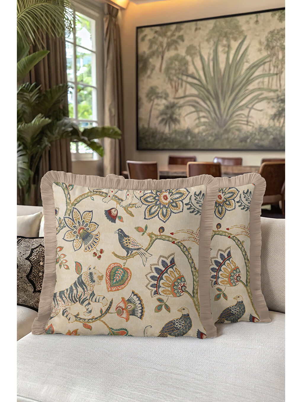 Karışık Lüks Doğal Motifli Saçaklı Yastık Kılıfı - Kuş ve Kaplan Etnik Country Bej Püsküllü Kırlent Kılıfı-5