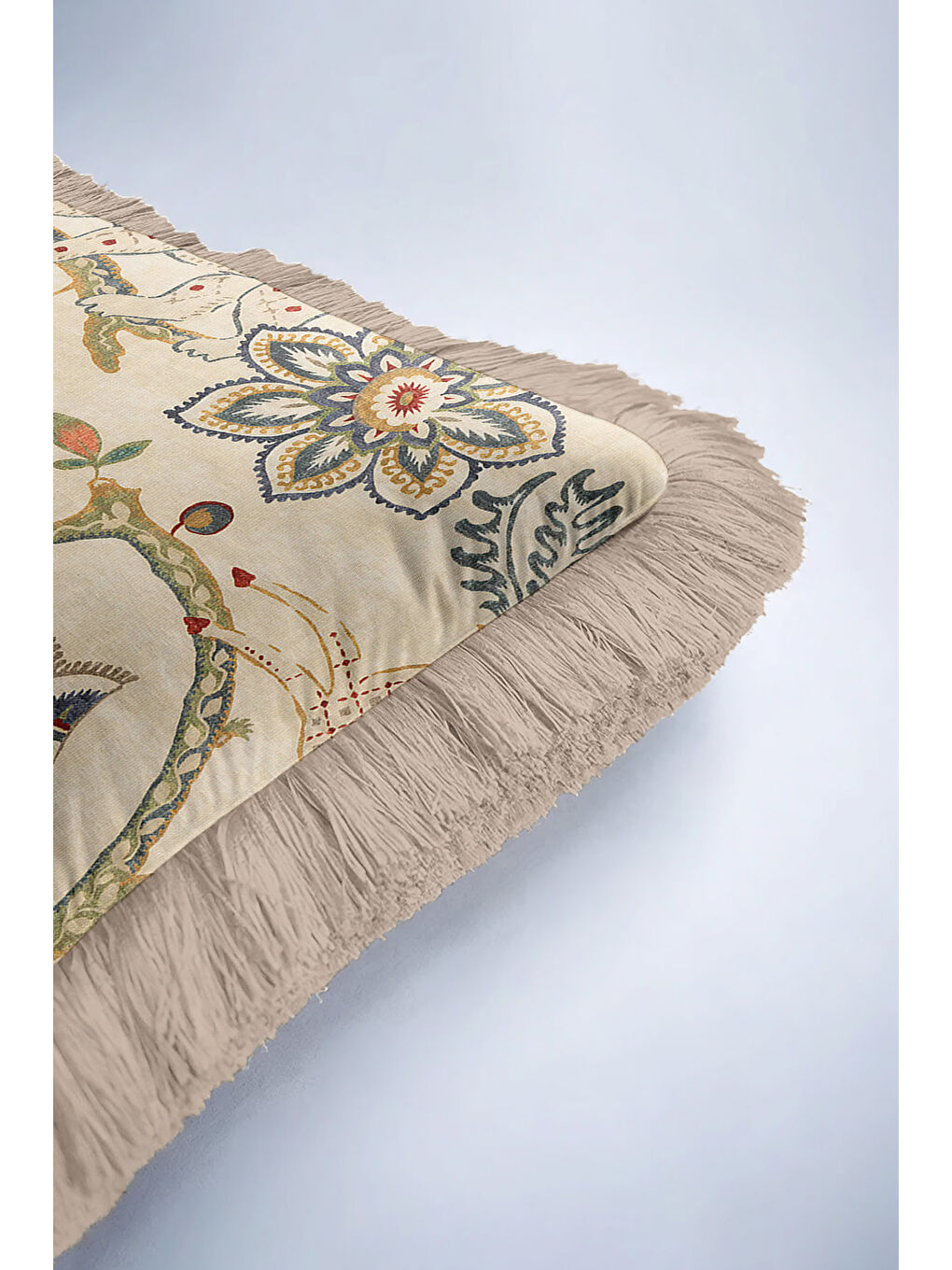 Karışık Lüks Doğal Motifli Saçaklı Yastık Kılıfı - Kuş ve Kaplan Etnik Country Bej Püsküllü Kırlent Kılıfı-6