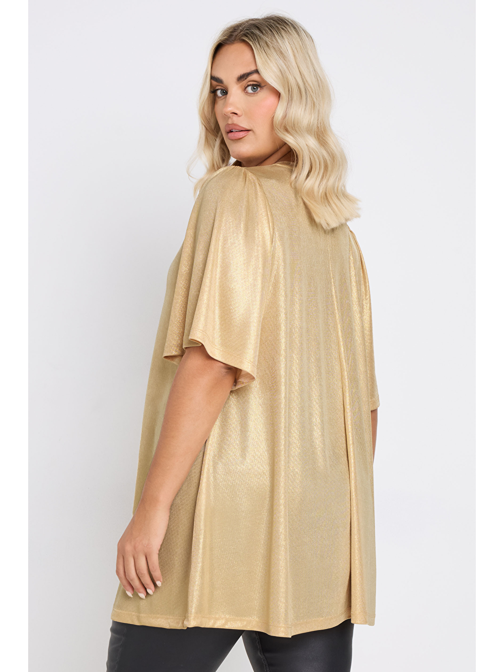 Sarı Büyük Beden V Yaka Kısa Kollu Parlak Görünümlü Bluz 303718-3