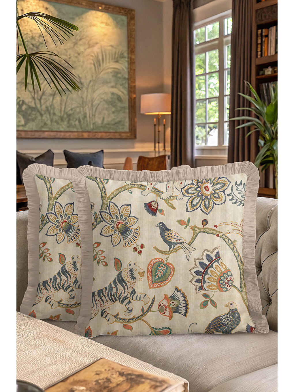 Karışık Lüks Doğal Motifli Saçaklı Yastık Kılıfı - Kuş ve Kaplan Etnik Country Bej Püsküllü Kırlent Kılıfı-7
