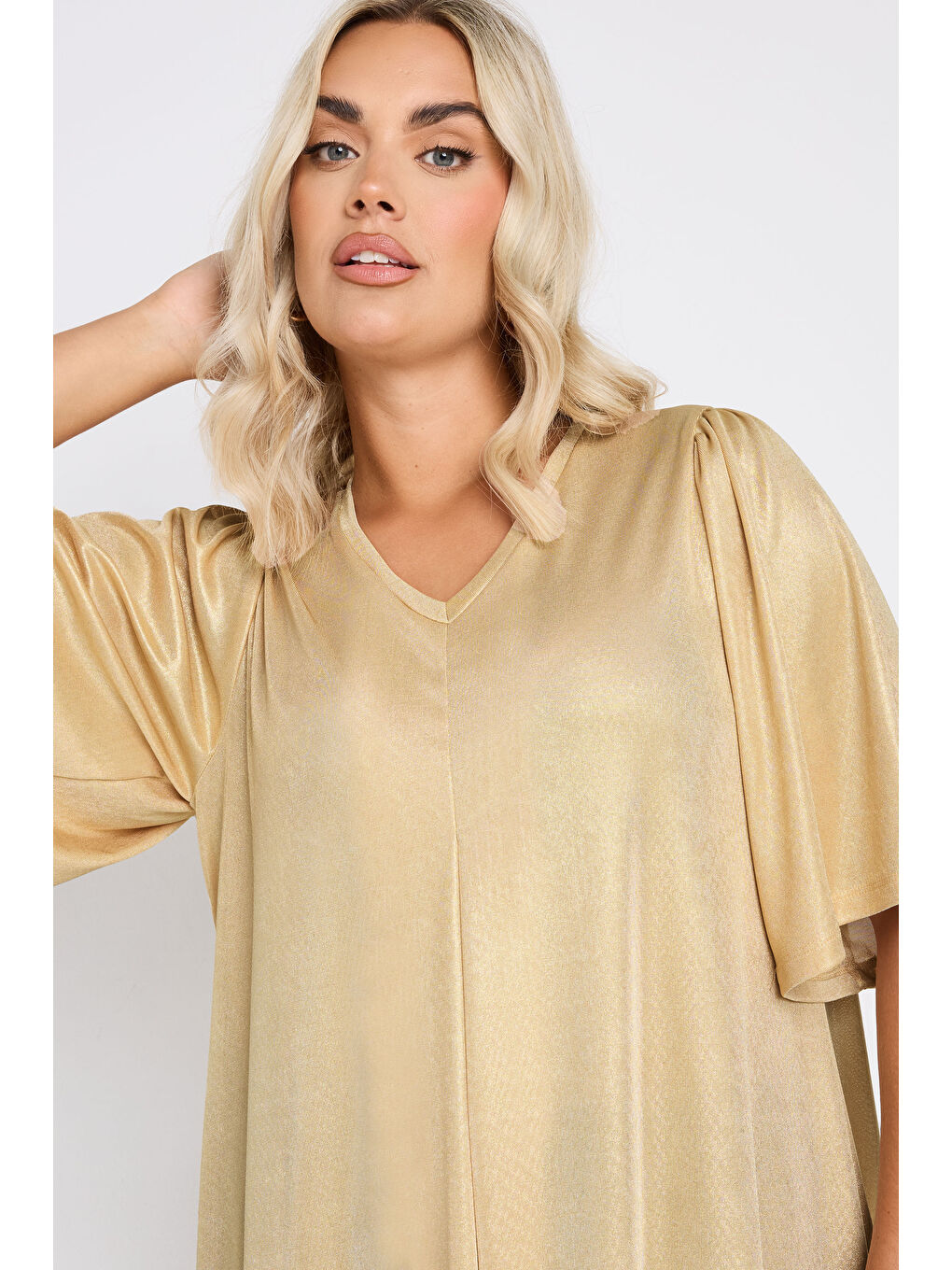 Sarı Büyük Beden V Yaka Kısa Kollu Parlak Görünümlü Bluz 303718-4