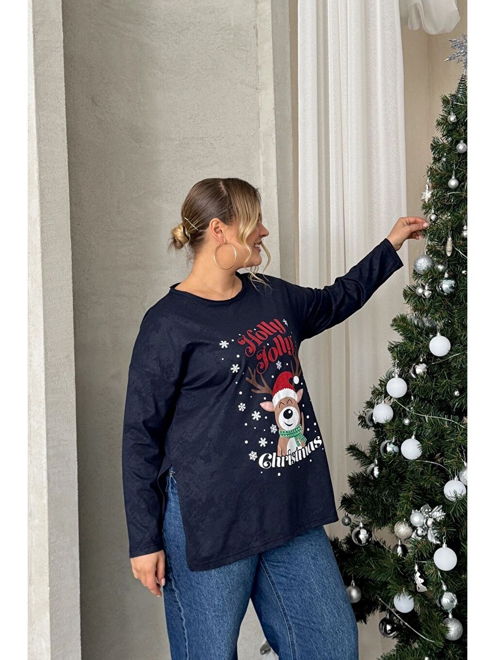 Lacivert Büyük Beden Yılbaşı Temalı Bisiklet Yaka Uzun Kollu Yırtmaçlı Sweatshirt 303909-4