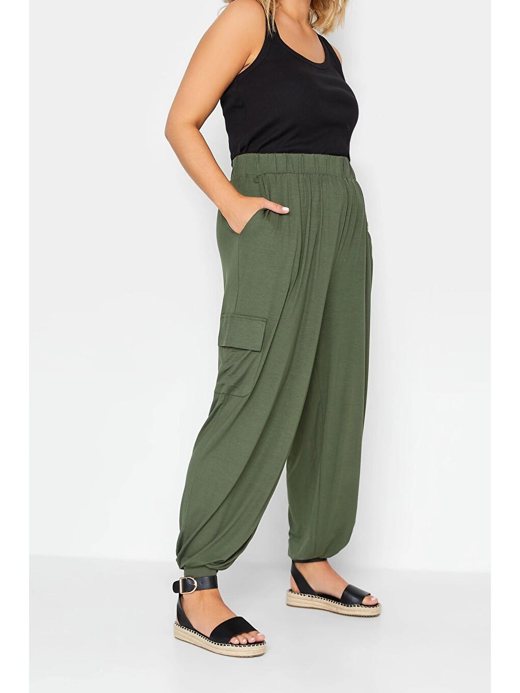 Haki Büyük Beden Paçası Lastikli Cepli Elastanlı Esnek Kumaş Kargo Pantolon 143448-1