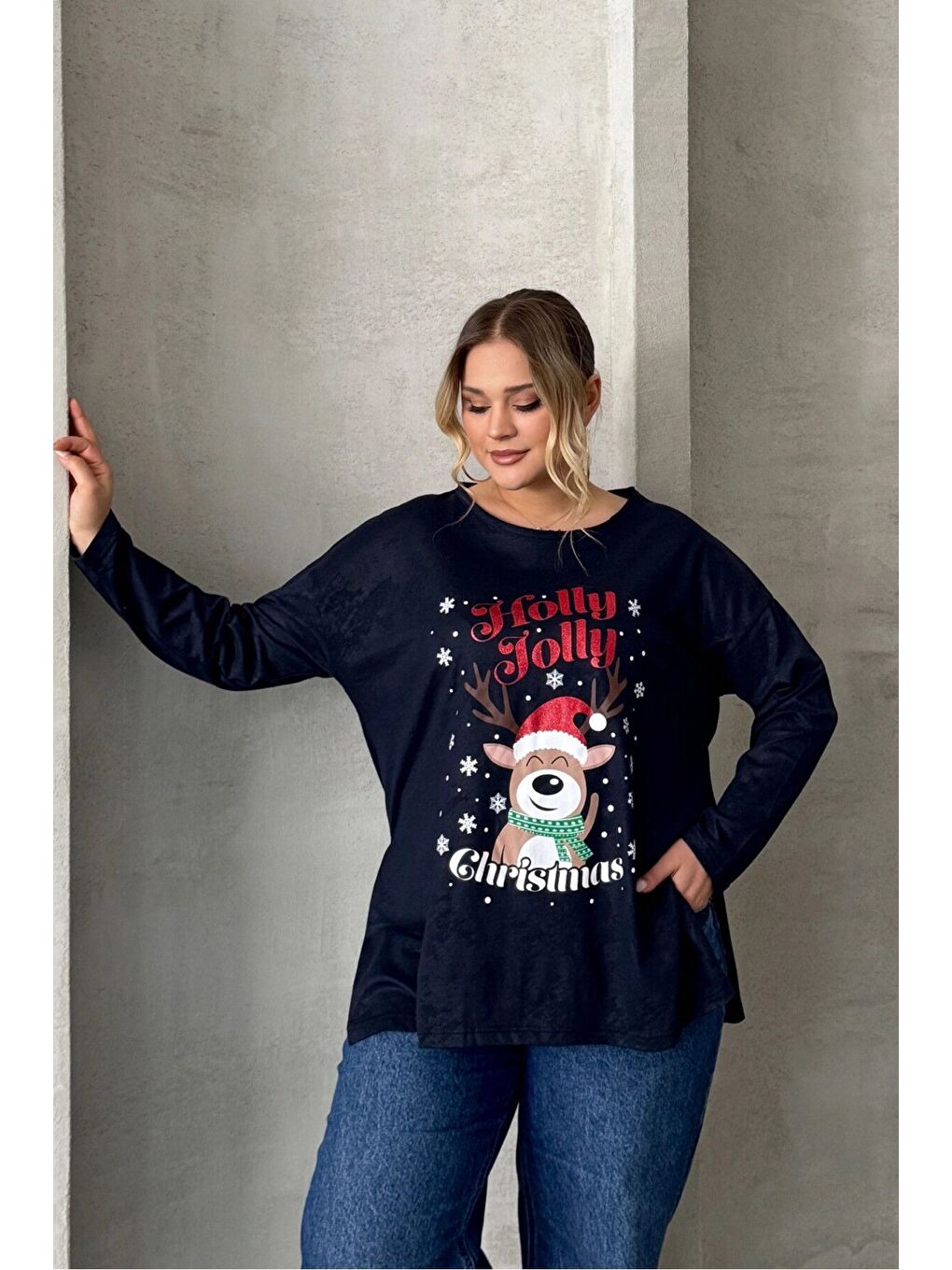 Lacivert Büyük Beden Yılbaşı Temalı Bisiklet Yaka Uzun Kollu Yırtmaçlı Sweatshirt 303909-5