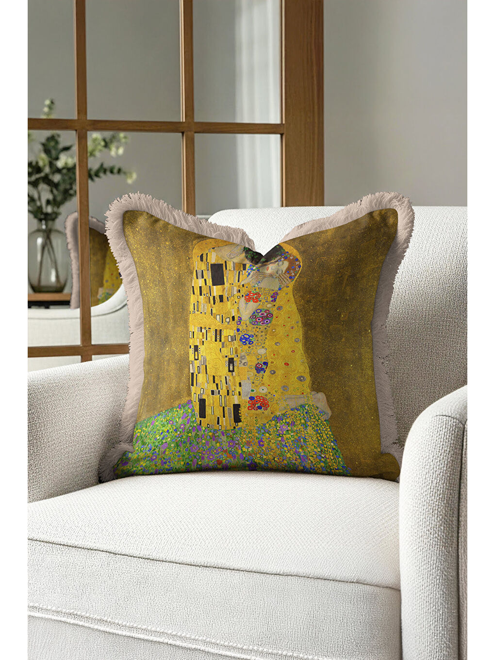 Karışık Sanatsal Altın Renkli Saçaklı Yastık Kılıfı - Romantik Bohem Sarı Bej Püsküllü Kırlent Kılıfı-1