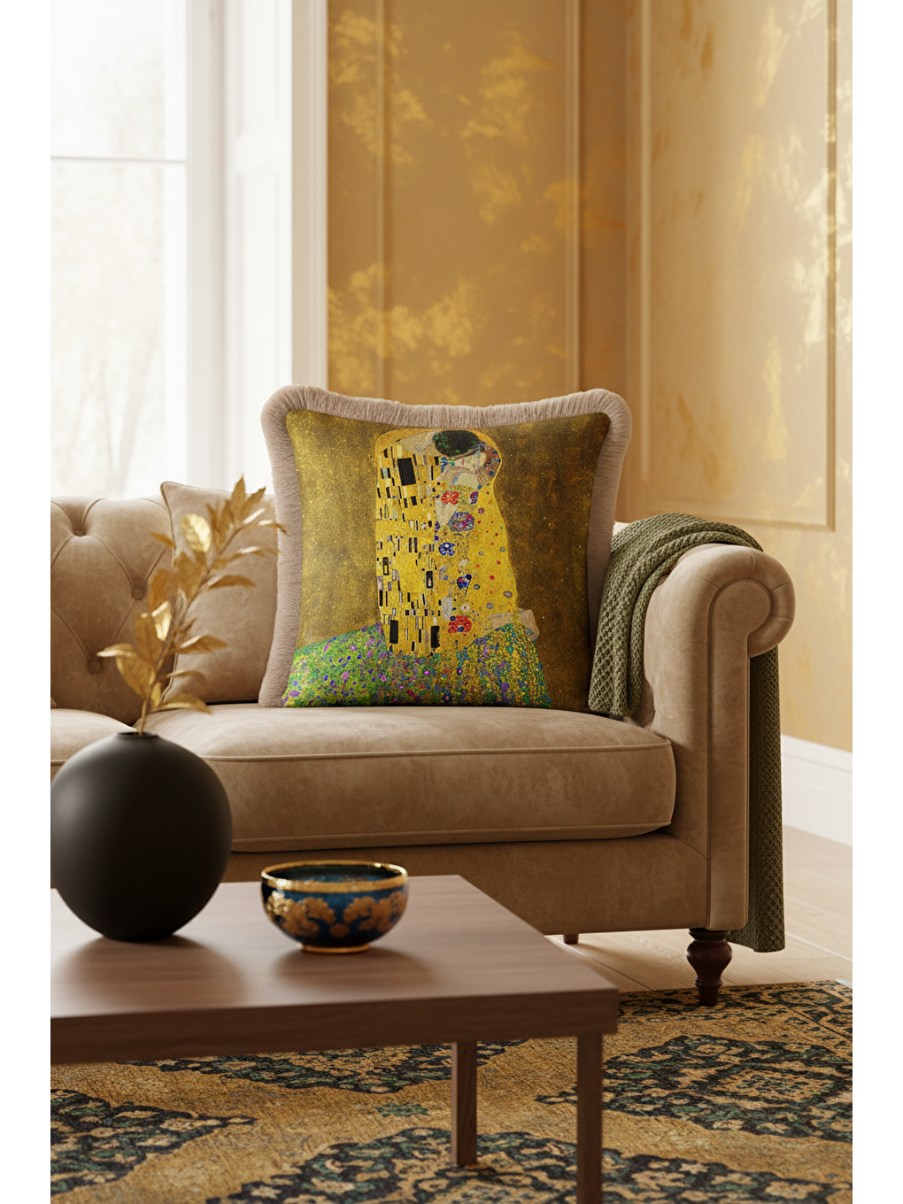 Karışık Sanatsal Altın Renkli Saçaklı Yastık Kılıfı - Romantik Bohem Sarı Bej Püsküllü Kırlent Kılıfı-2