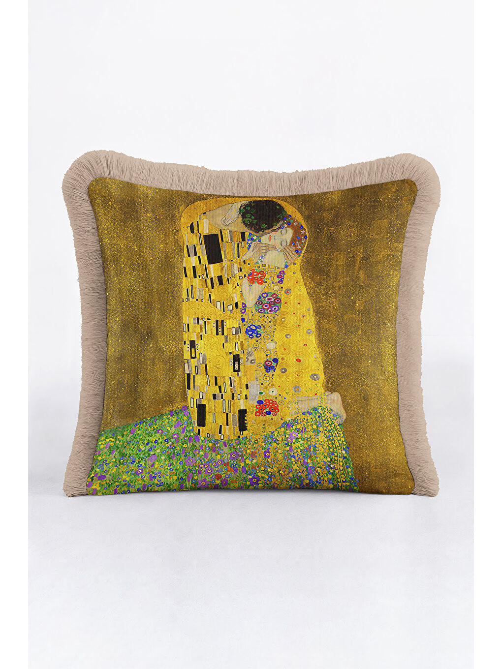 Karışık Sanatsal Altın Renkli Saçaklı Yastık Kılıfı - Romantik Bohem Sarı Bej Püsküllü Kırlent Kılıfı-3