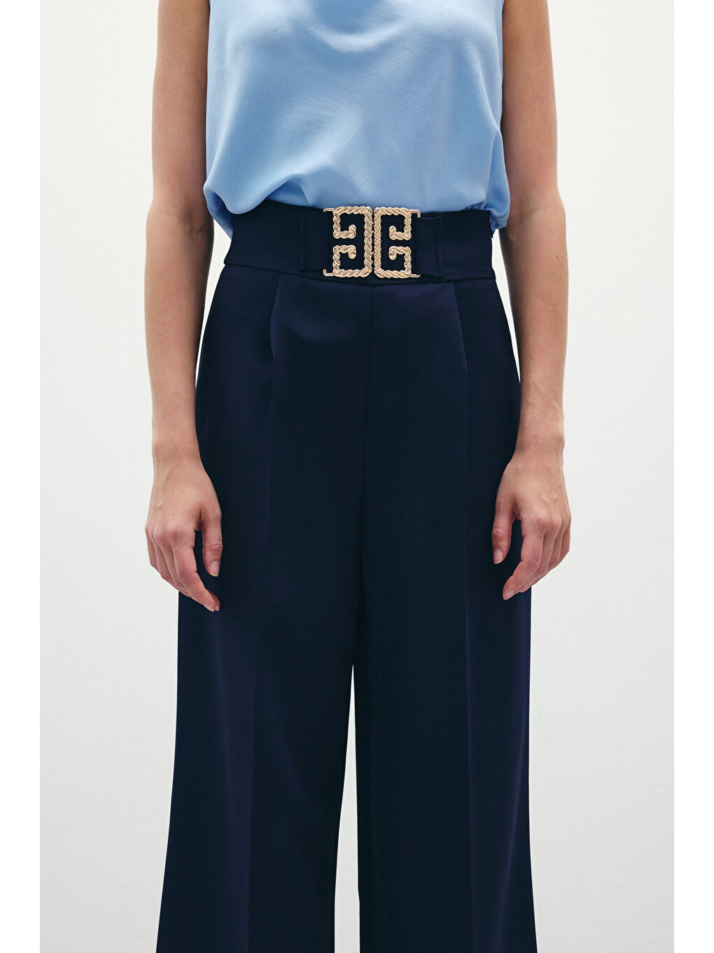 Bel Aksesuarlı Bol Paça Pantolon - Lacivert-2