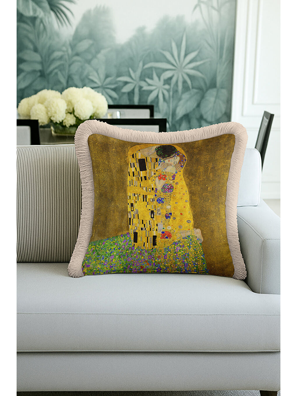 Karışık Sanatsal Altın Renkli Saçaklı Yastık Kılıfı - Romantik Bohem Sarı Bej Püsküllü Kırlent Kılıfı-4