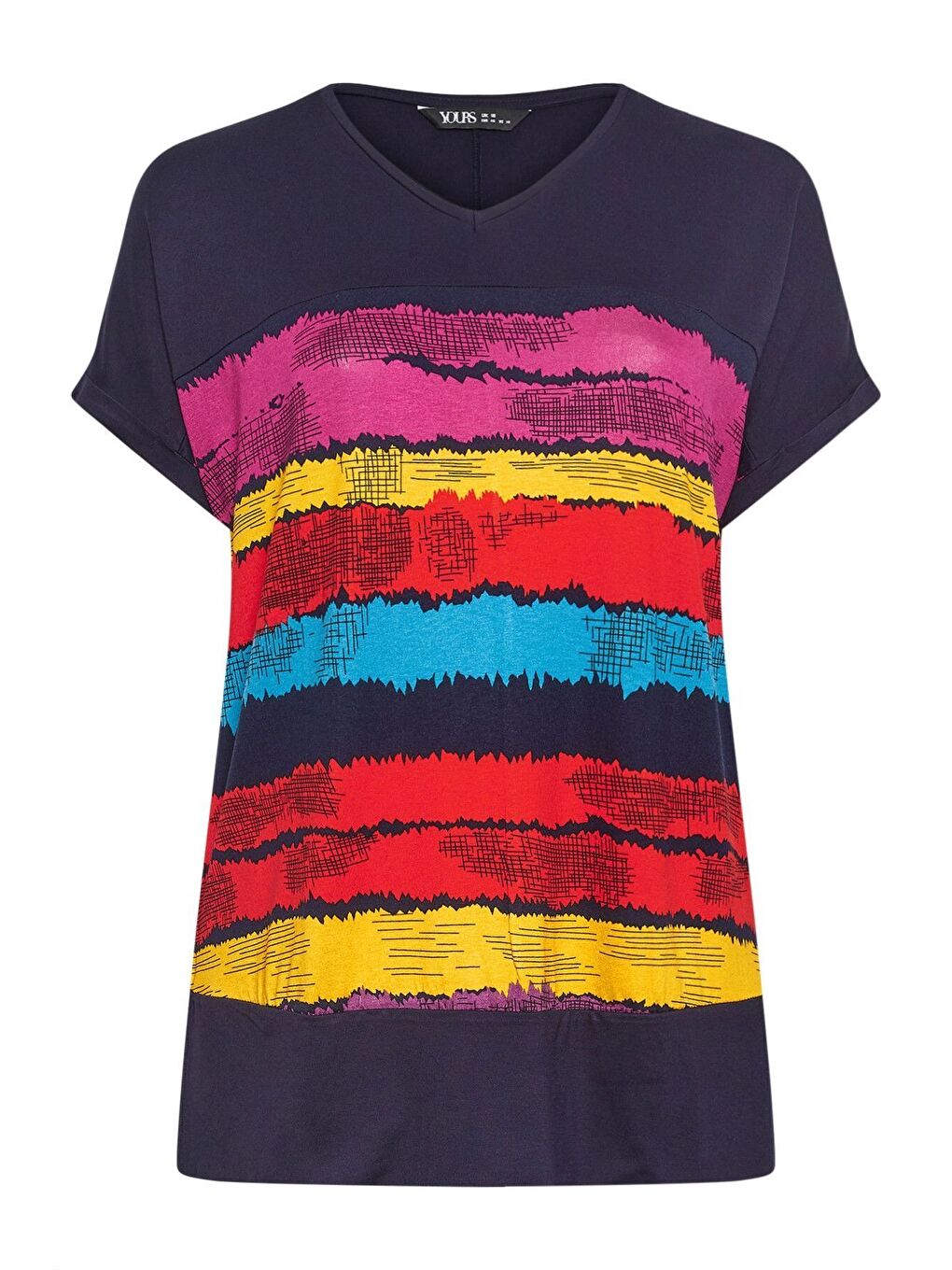 Lacivert Büyük Beden V Yaka Kısa Kollu Çizgili Tişört 303120-5