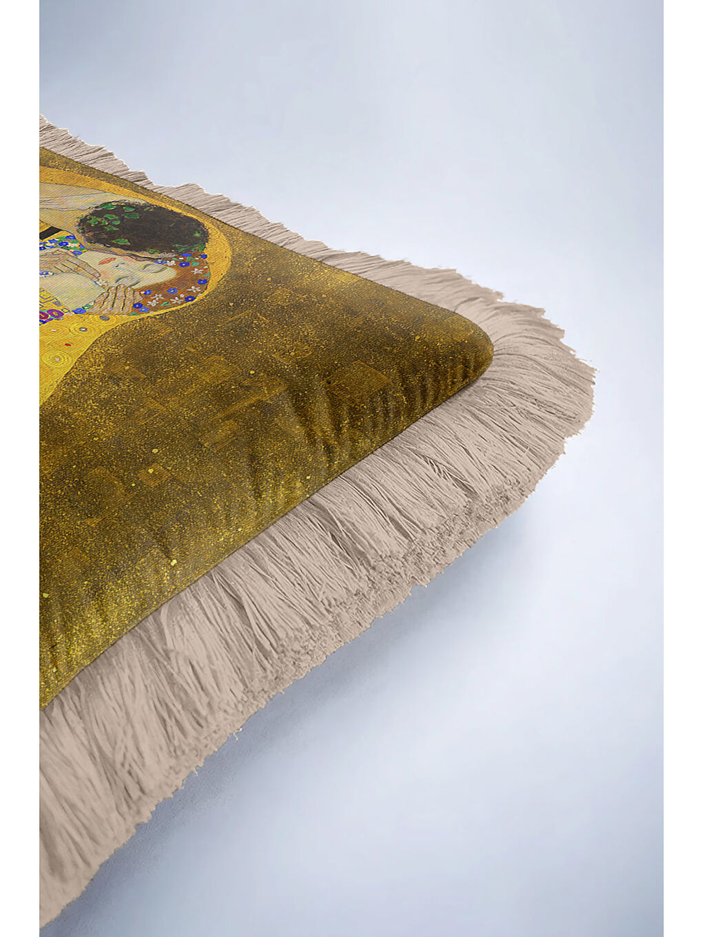 Karışık Sanatsal Altın Renkli Saçaklı Yastık Kılıfı - Romantik Bohem Sarı Bej Püsküllü Kırlent Kılıfı-6