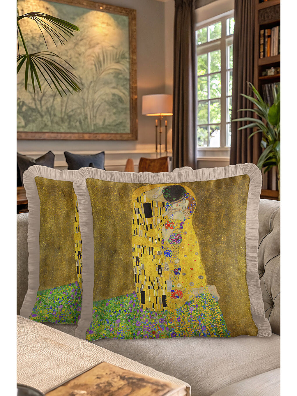 Karışık Sanatsal Altın Renkli Saçaklı Yastık Kılıfı - Romantik Bohem Sarı Bej Püsküllü Kırlent Kılıfı-7