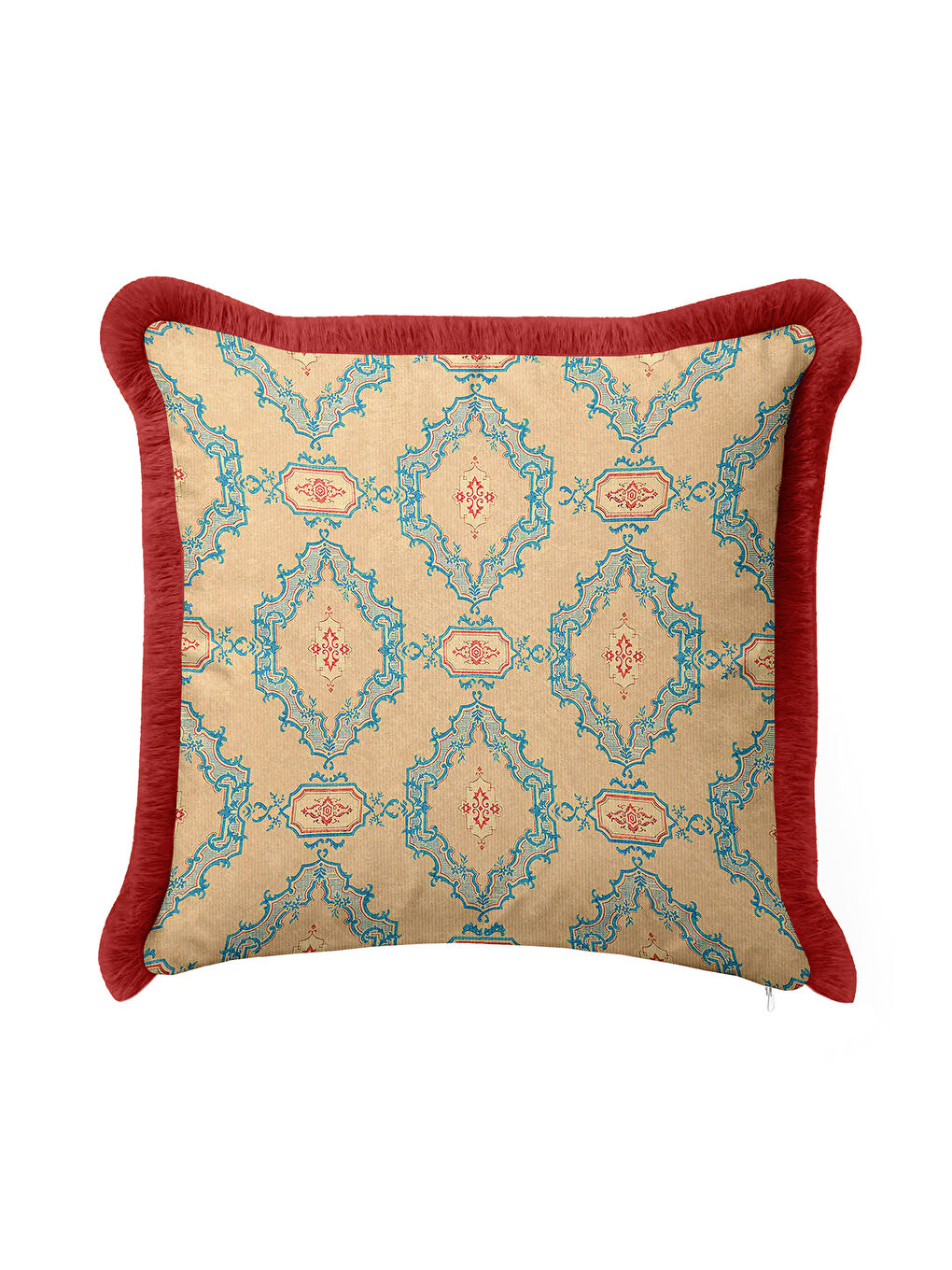 Karışık Saray Motifli Saçaklı Yastık Kılıfı - Vintage Etnik Krem Mavi Kırmızı Püsküllü Kırlent Kılıfı
