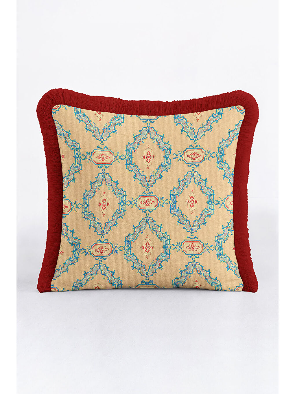 Karışık Saray Motifli Saçaklı Yastık Kılıfı - Vintage Etnik Krem Mavi Kırmızı Püsküllü Kırlent Kılıfı-1