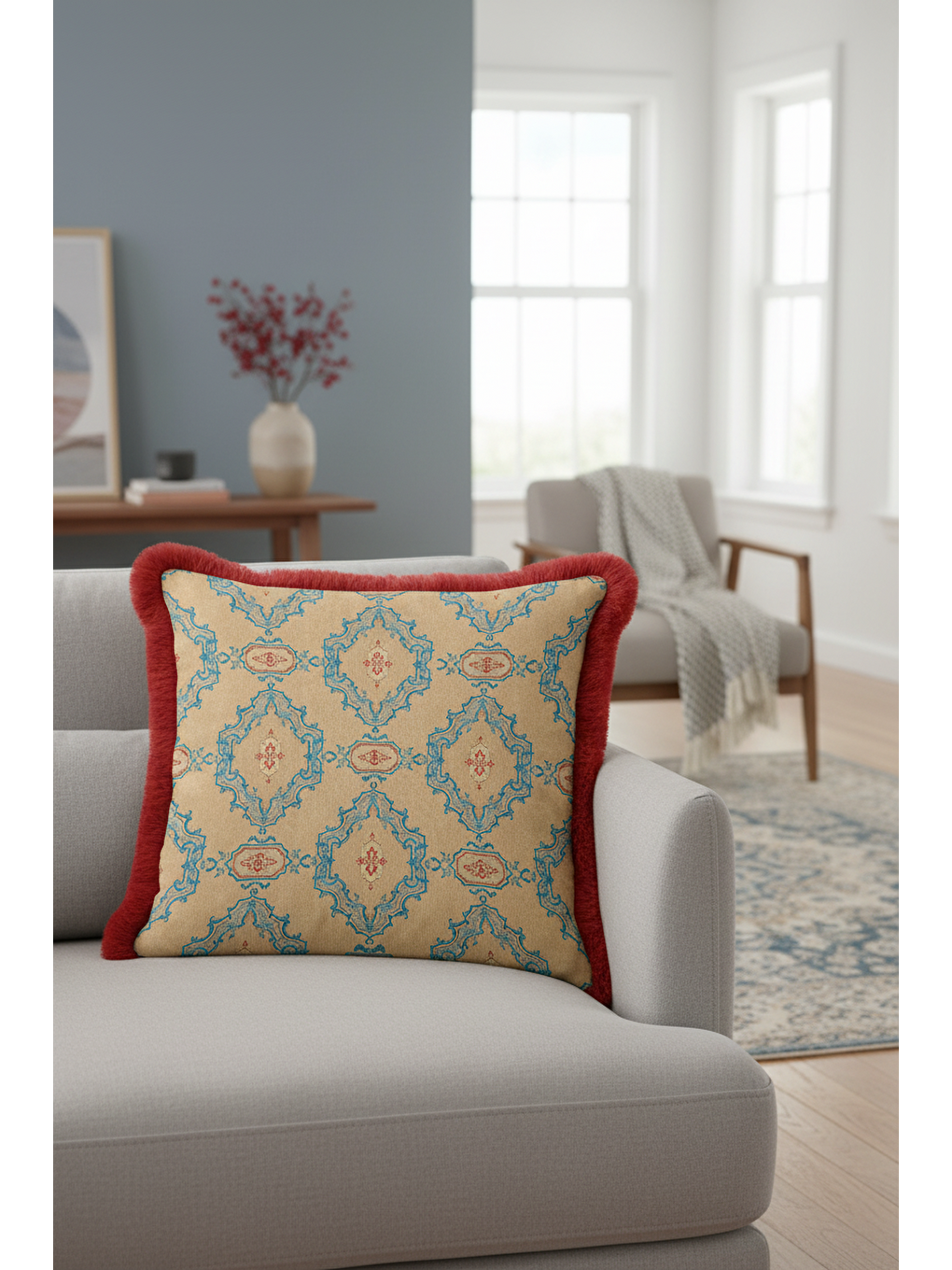 Karışık Saray Motifli Saçaklı Yastık Kılıfı - Vintage Etnik Krem Mavi Kırmızı Püsküllü Kırlent Kılıfı-2