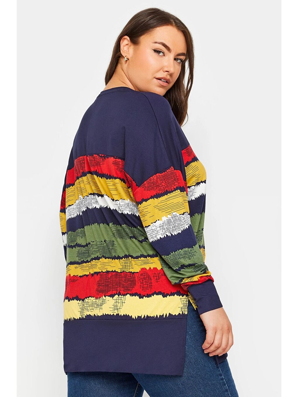 Lacivert Büyük Beden V Yaka Çizgili Yanları Yırtmaçlı Uzun Kollu Bluz 303117-4