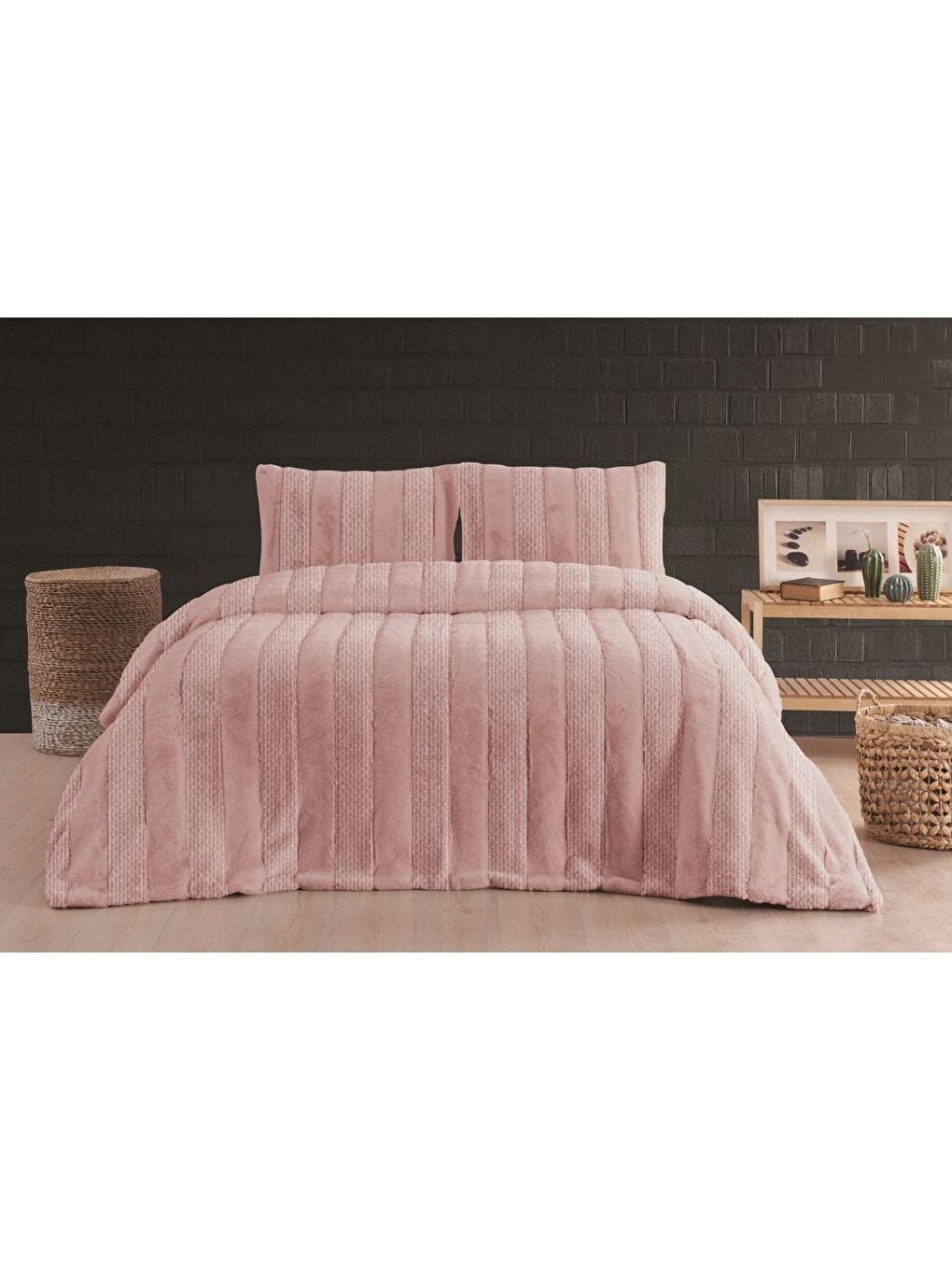 Pembe Luxe 3 Parça Çift Kişilik Yatak Örtüsü Seti Kutulu 230x250 Petek Pudra