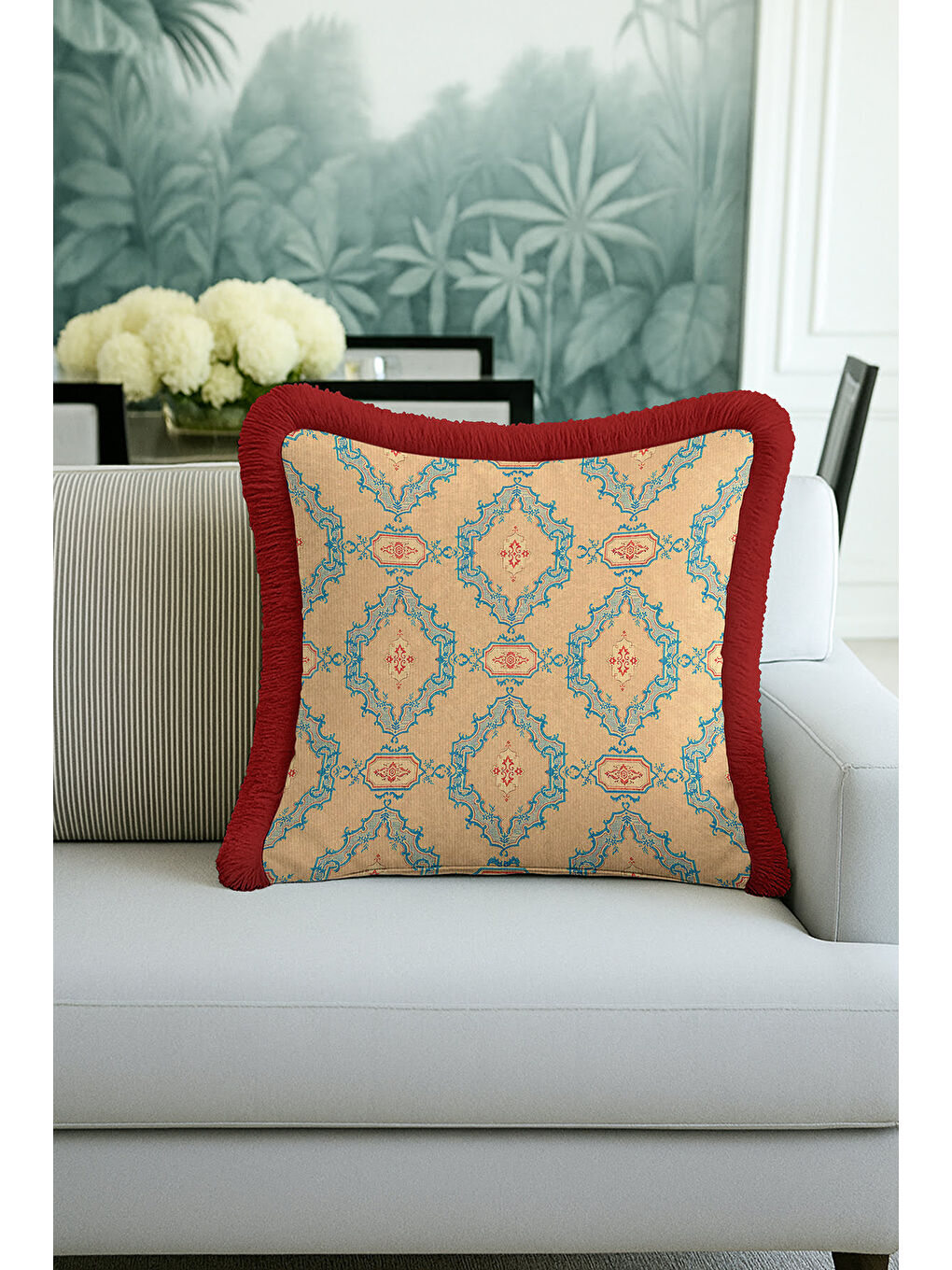 Karışık Saray Motifli Saçaklı Yastık Kılıfı - Vintage Etnik Krem Mavi Kırmızı Püsküllü Kırlent Kılıfı-3