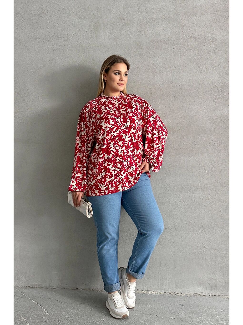 Bordo Büyük Beden Yakası Büzgülü Uzun Kollu Desenli Bluz E15233-4