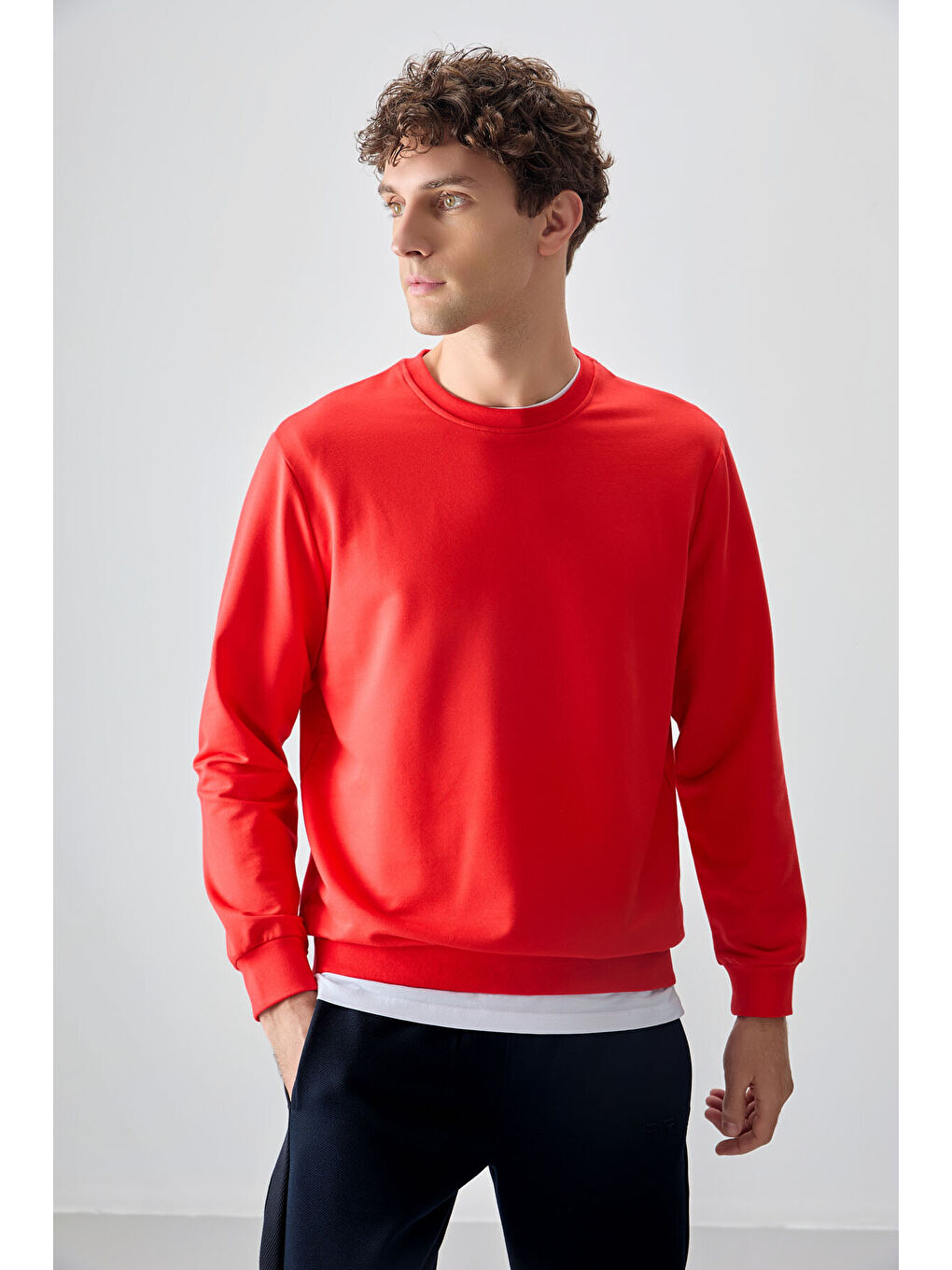 Kırmızı Pamuk Dokulu Standart Fit Basic Erkek Sweatshirt-1