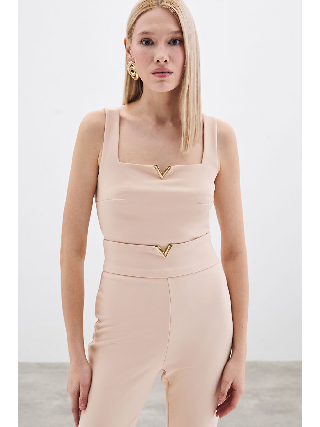 Bel Aksesuarlı Pantolon - Bej-2