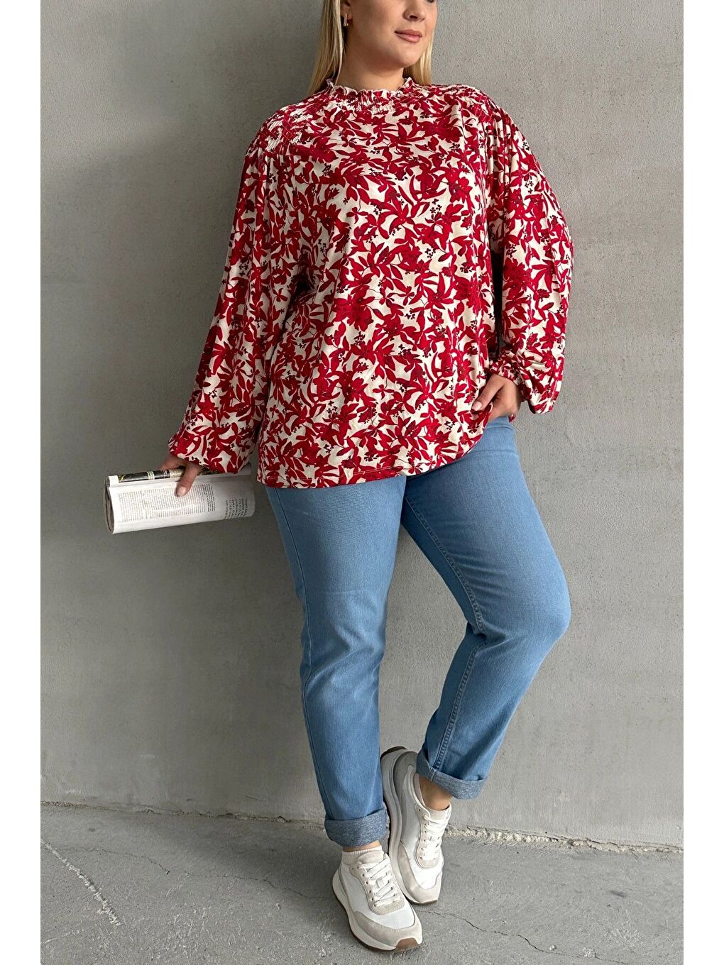 Bordo Büyük Beden Yakası Büzgülü Uzun Kollu Desenli Bluz E15233-5