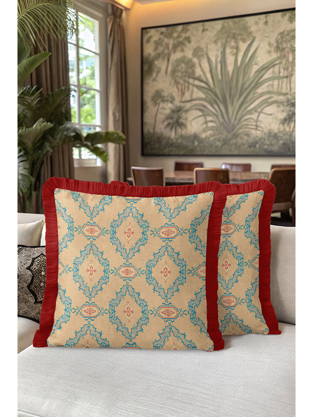 Karışık Saray Motifli Saçaklı Yastık Kılıfı - Vintage Etnik Krem Mavi Kırmızı Püsküllü Kırlent Kılıfı-5