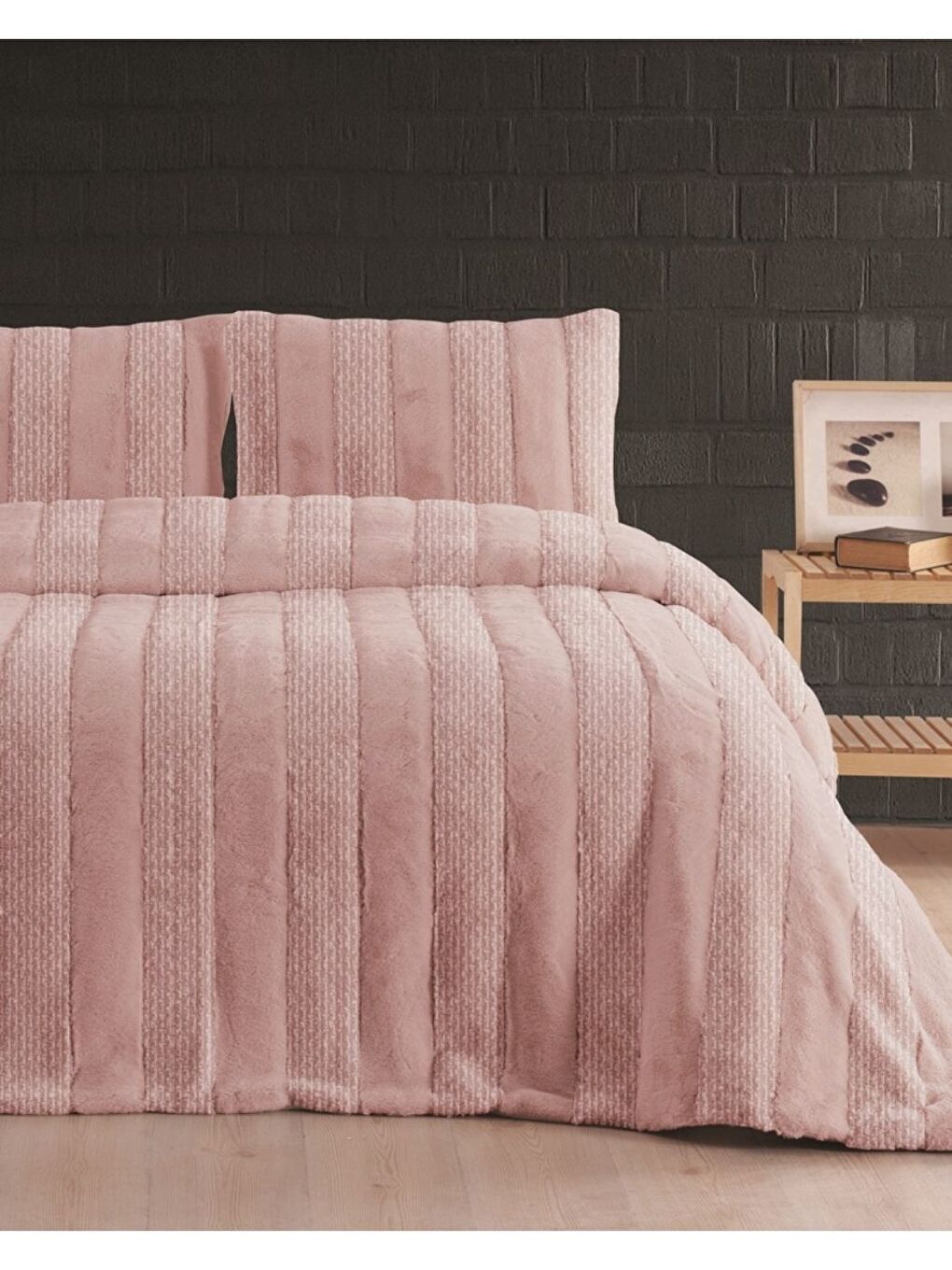 Pembe Luxe 3 Parça Çift Kişilik Yatak Örtüsü Seti Kutulu 230x250 Petek Pudra-2