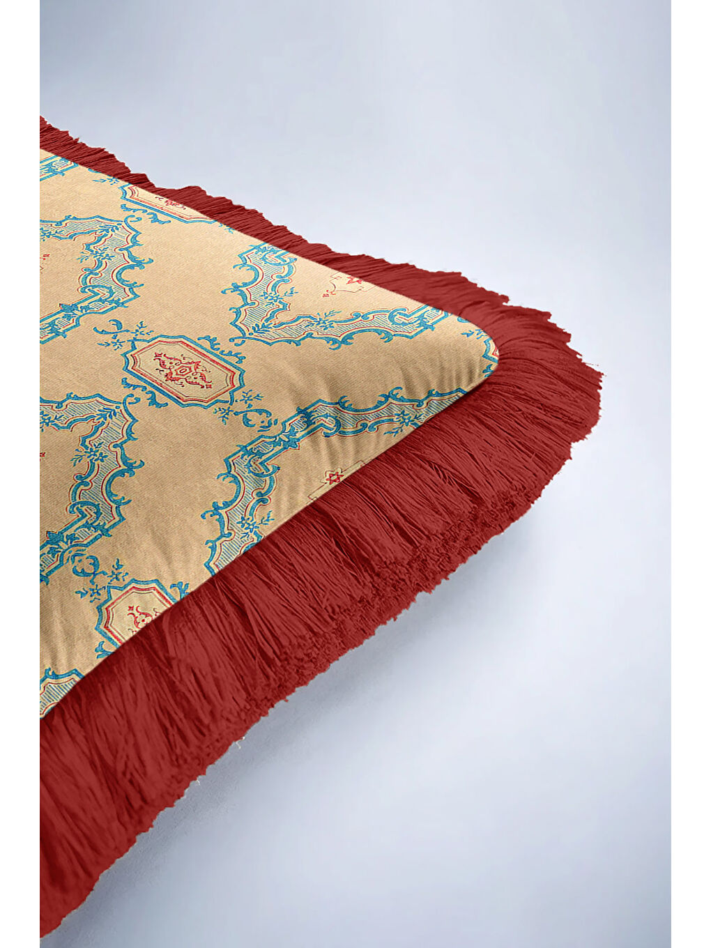 Karışık Saray Motifli Saçaklı Yastık Kılıfı - Vintage Etnik Krem Mavi Kırmızı Püsküllü Kırlent Kılıfı-6