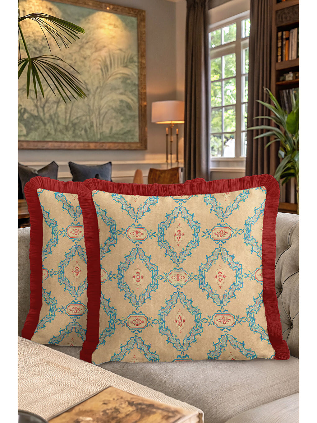 Karışık Saray Motifli Saçaklı Yastık Kılıfı - Vintage Etnik Krem Mavi Kırmızı Püsküllü Kırlent Kılıfı-7