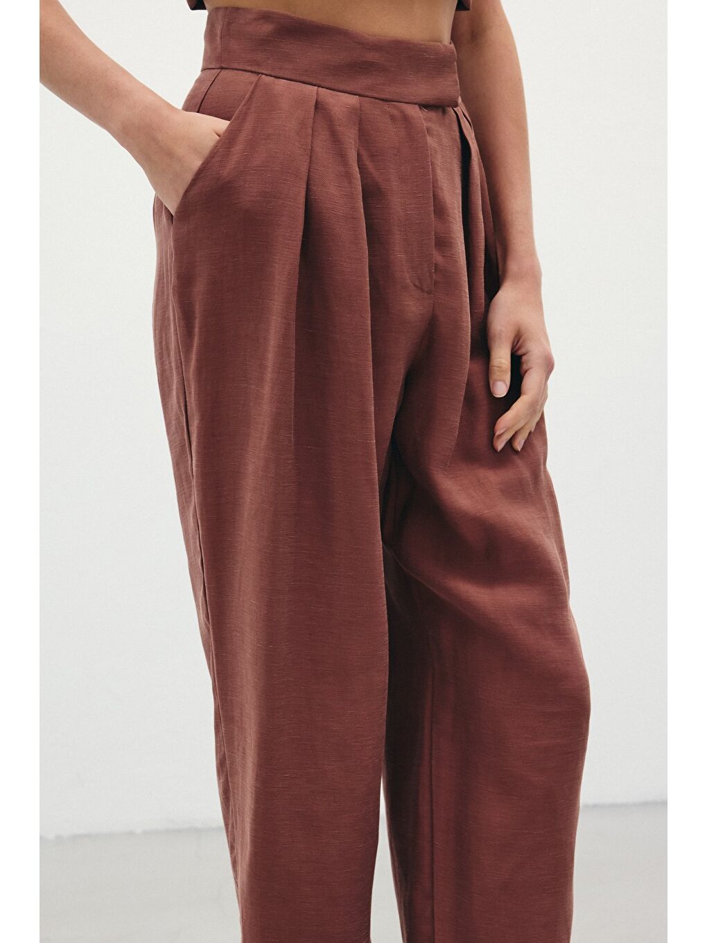 Kahverengi Salaş Keten Pantolon - Kahve-3
