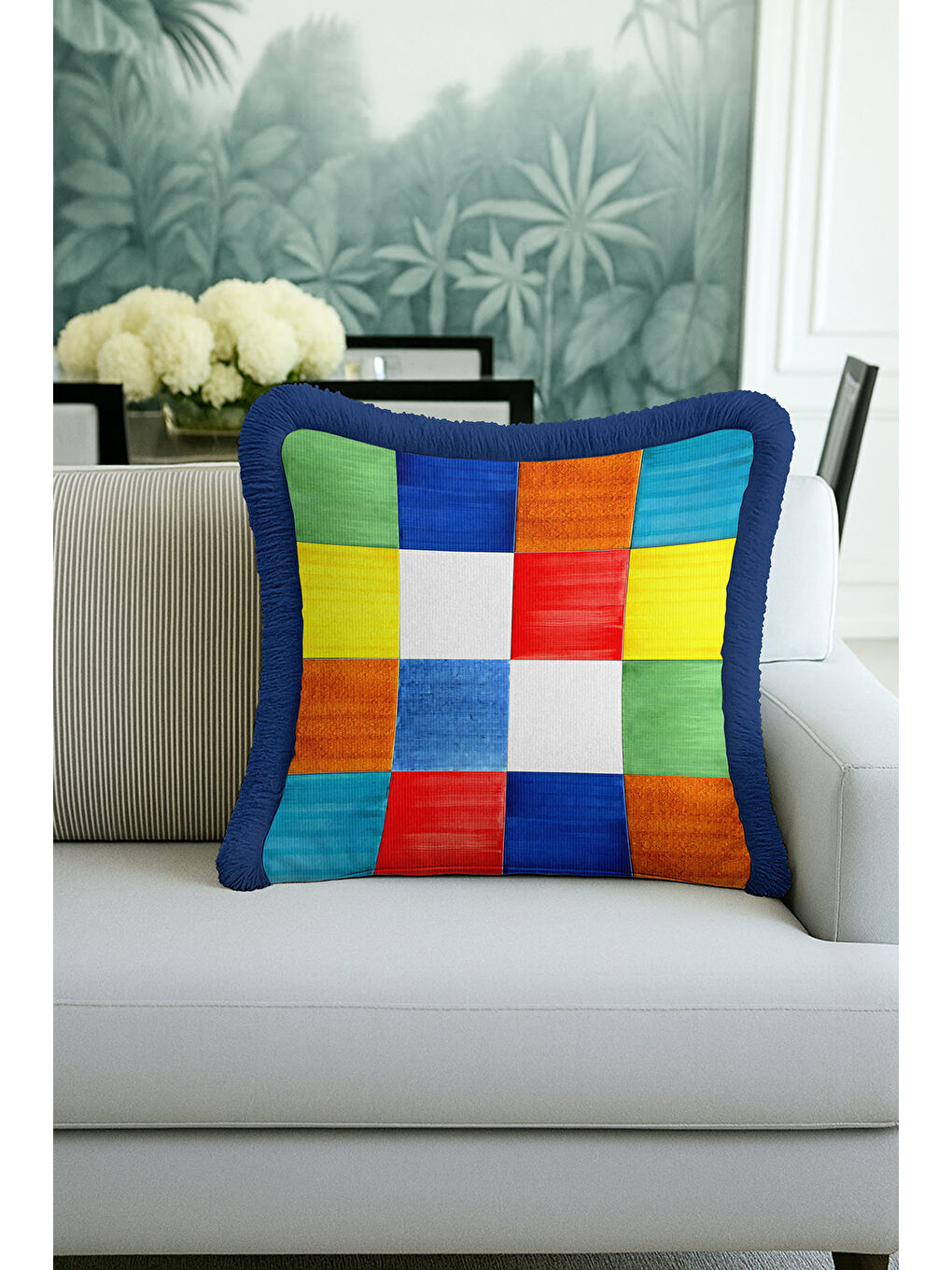 Karışık Canlı Patchwork Kare Saçaklı Yastık Kılıfı - Renkli Retro Stil Mavi Püsküllü Kırlent Kılıfı-1