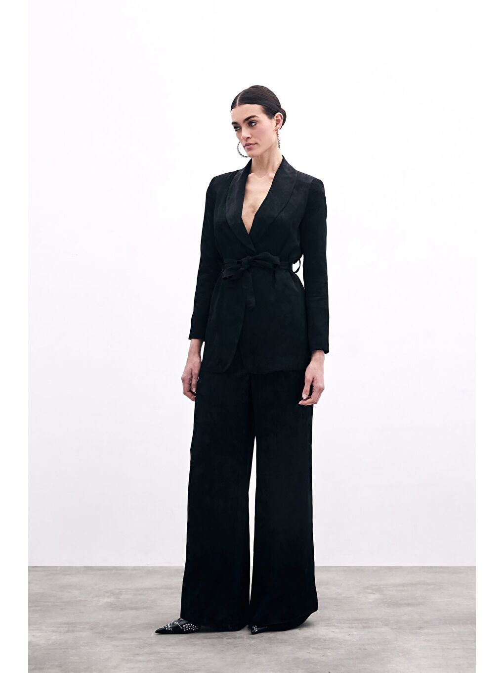 Jakarlı Bol Paça Pantolon - Siyah