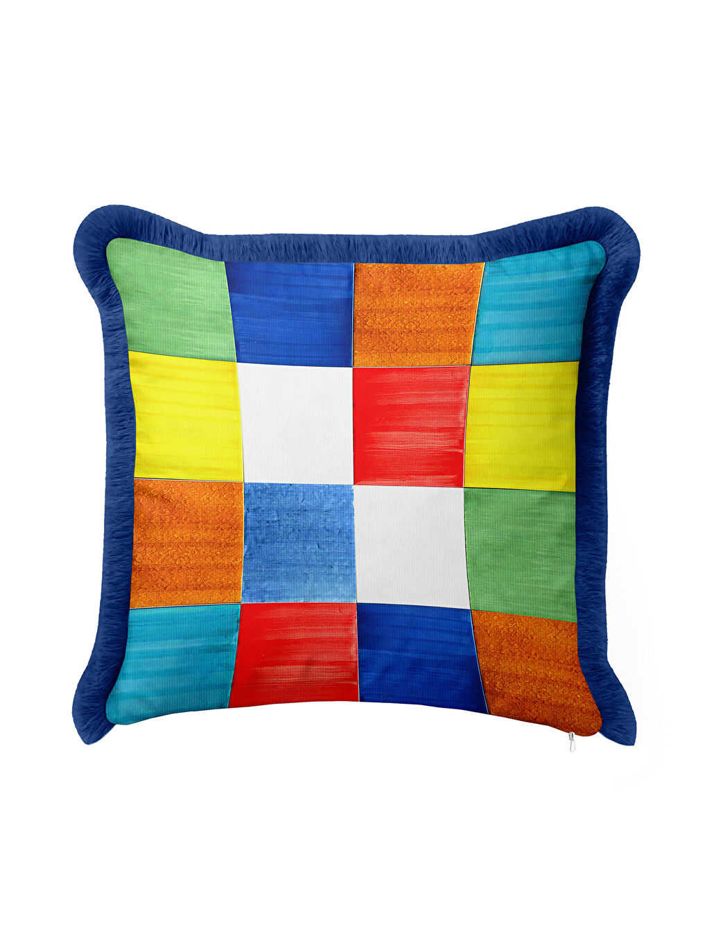Karışık Canlı Patchwork Kare Saçaklı Yastık Kılıfı - Renkli Retro Stil Mavi Püsküllü Kırlent Kılıfı-2