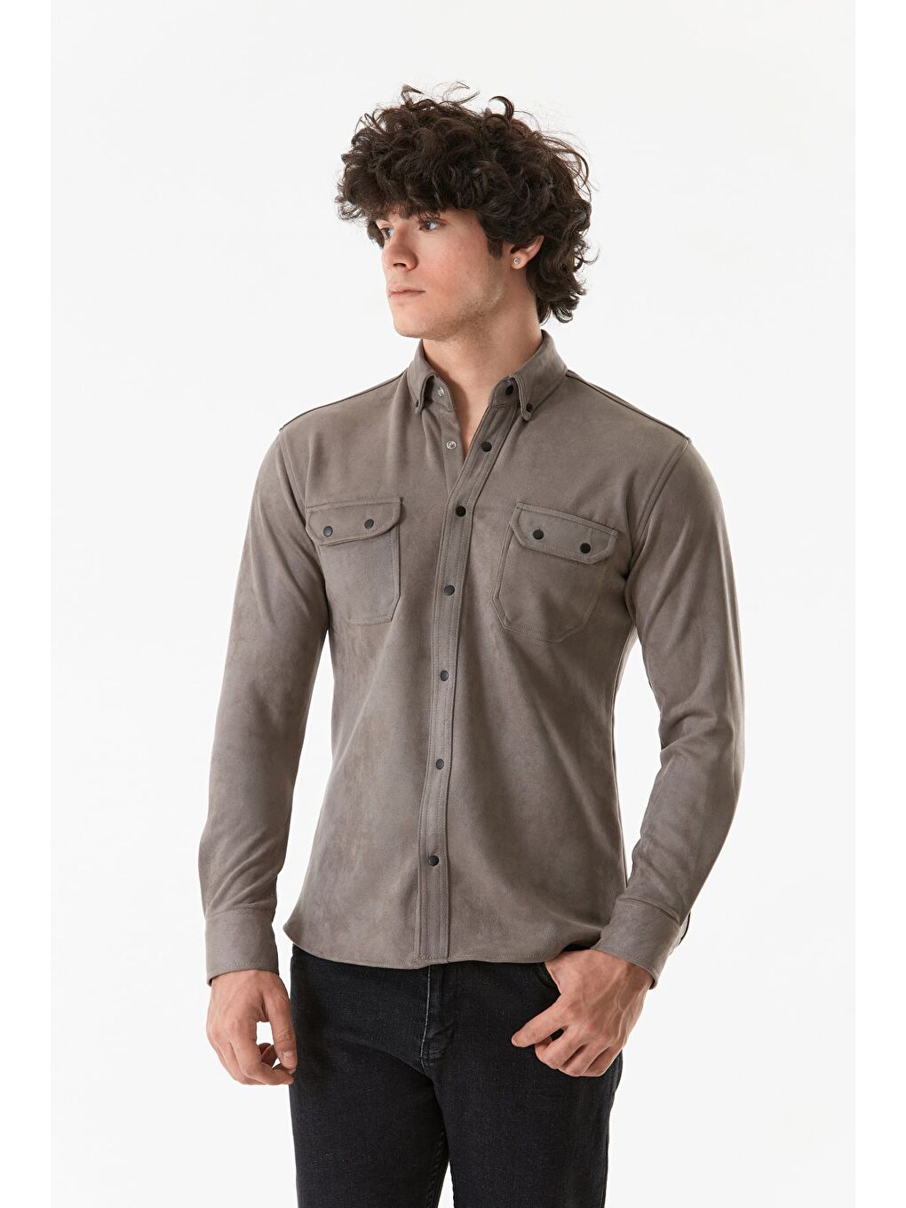 Gri Süet Çift Cepli Çıtçıtlı Gömlek