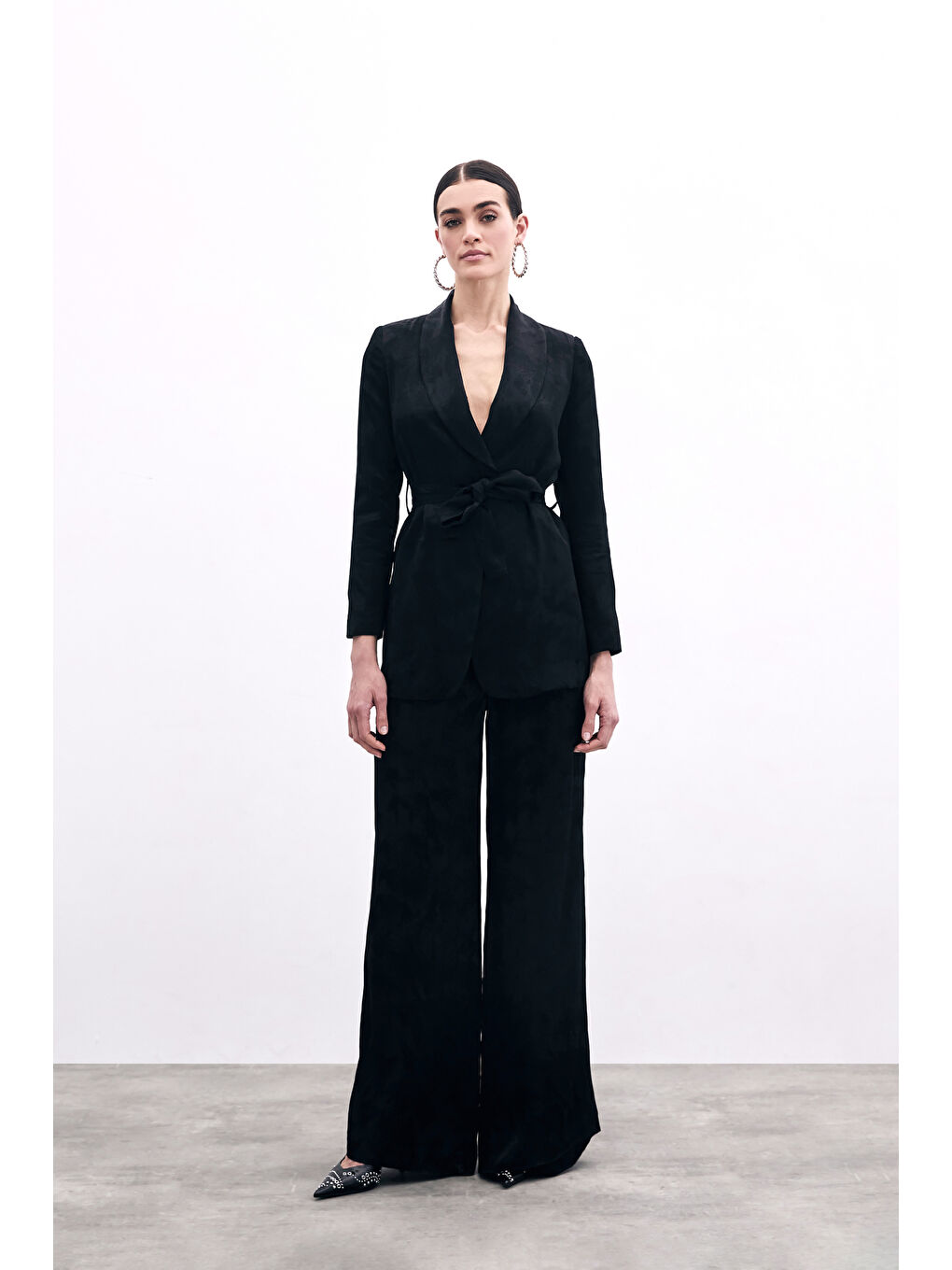 Jakarlı Bol Paça Pantolon - Siyah-1