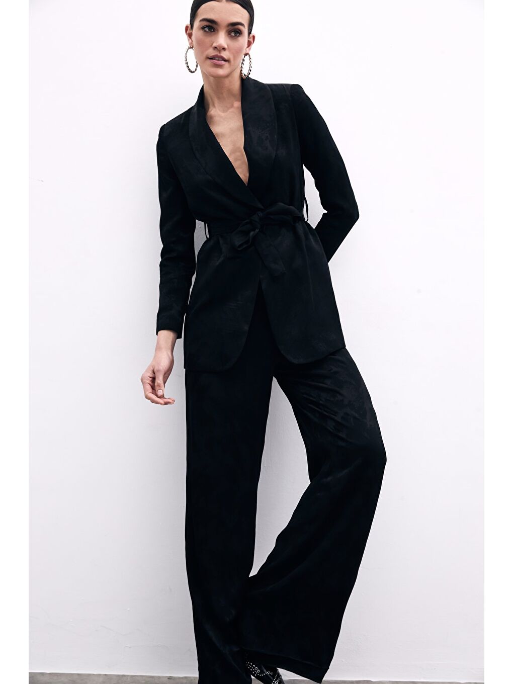 Jakarlı Bol Paça Pantolon - Siyah-2