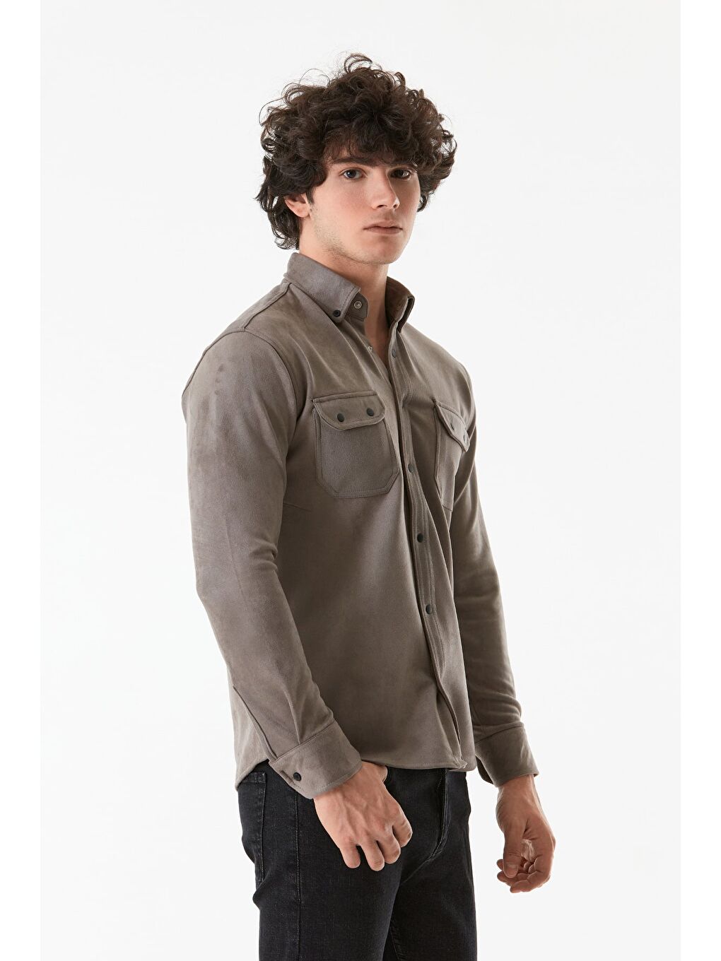 Gri Süet Çift Cepli Çıtçıtlı Gömlek-4