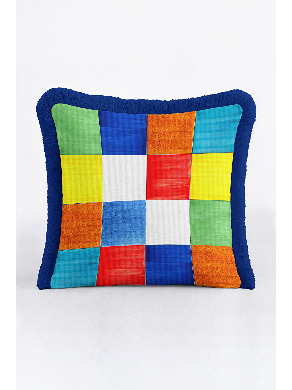 Karışık Canlı Patchwork Kare Saçaklı Yastık Kılıfı - Renkli Retro Stil Mavi Püsküllü Kırlent Kılıfı-3