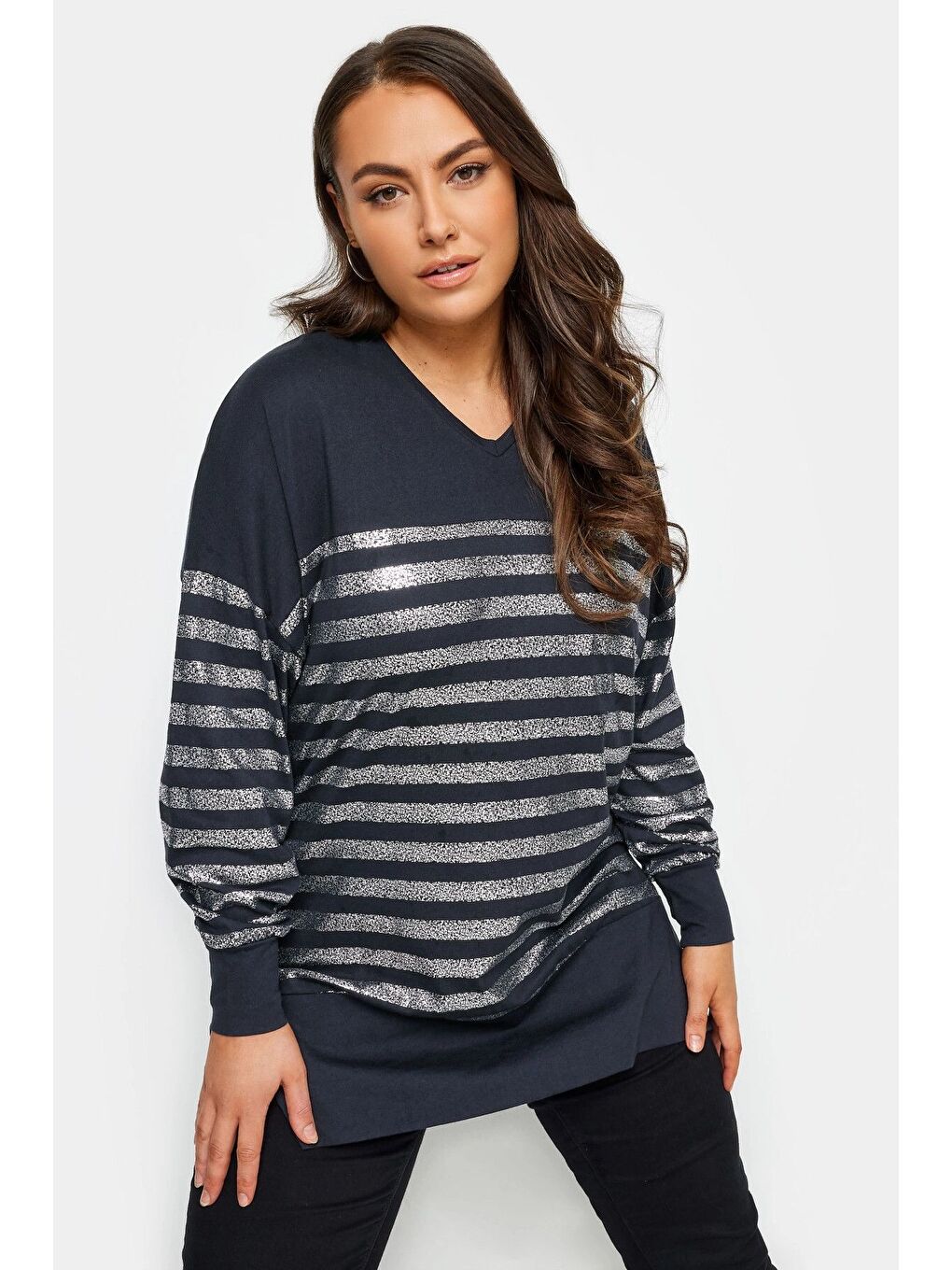 Lacivert Büyük Beden V Yaka Uzun Kollu Metalik Çizgili Sweatshirt 302790