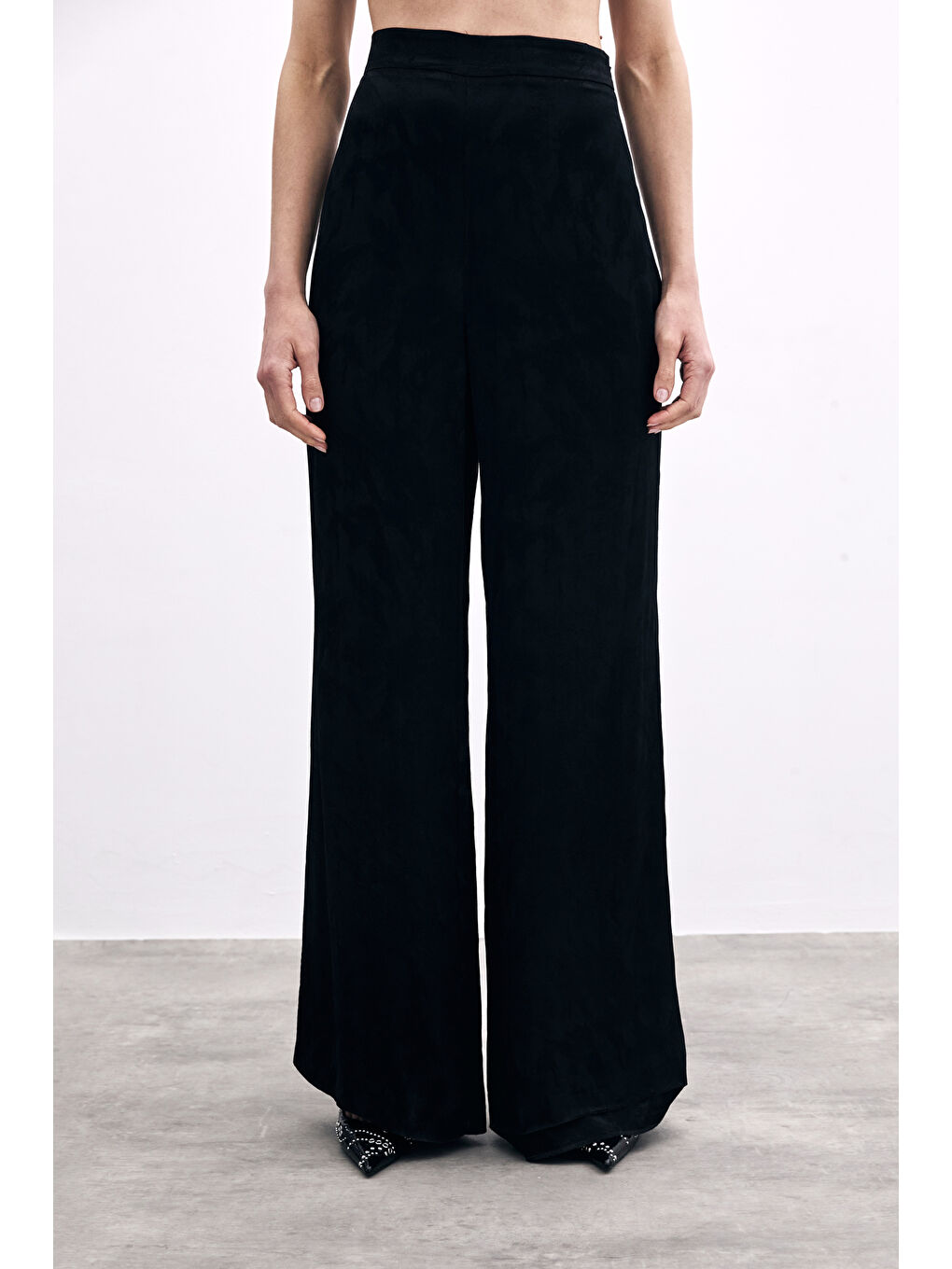 Jakarlı Bol Paça Pantolon - Siyah-4